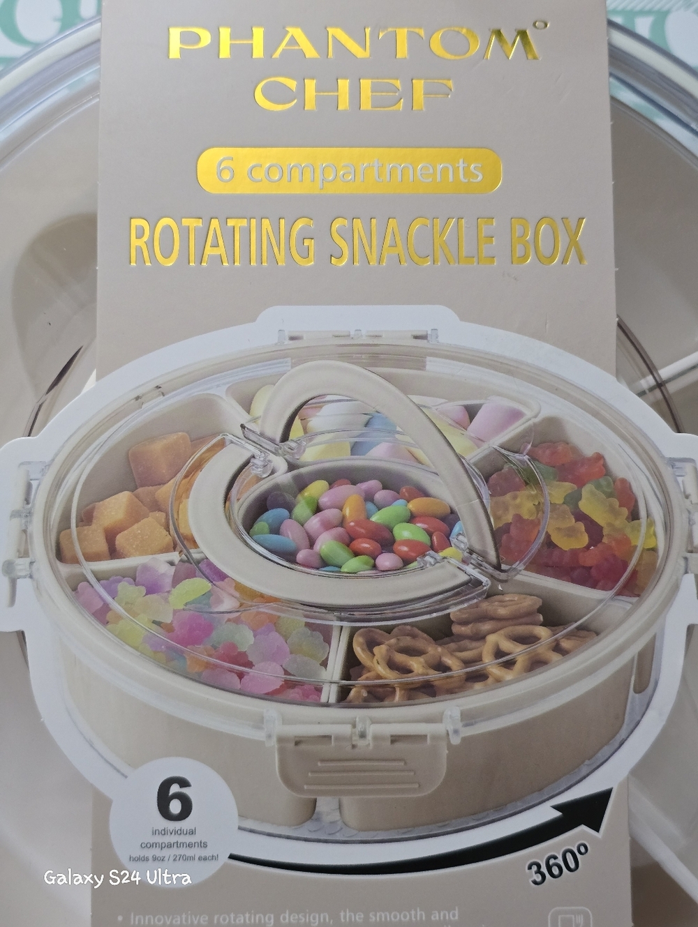 6 Compartment Rotating Snackle Box w/ Lid/ Handles NEW